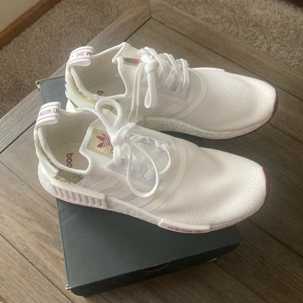 Adidas NMD_R1 W Bright White & Metallic Gold.  Like New.  Size 10.